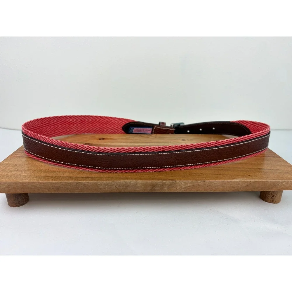 Vineyard Vines Belt 34 Brown Jetty Red Pebbled Leather Chevron Webbing Preppy‎